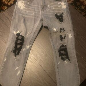 Men’s Light Gray Skinny Jeans with Black Distressed Patches